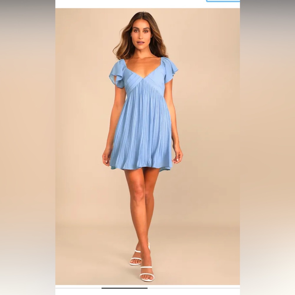 Lulus • Small • Amalfi Coast Light Blue Pleated Flutter Sleeve Mini Dress • EUC